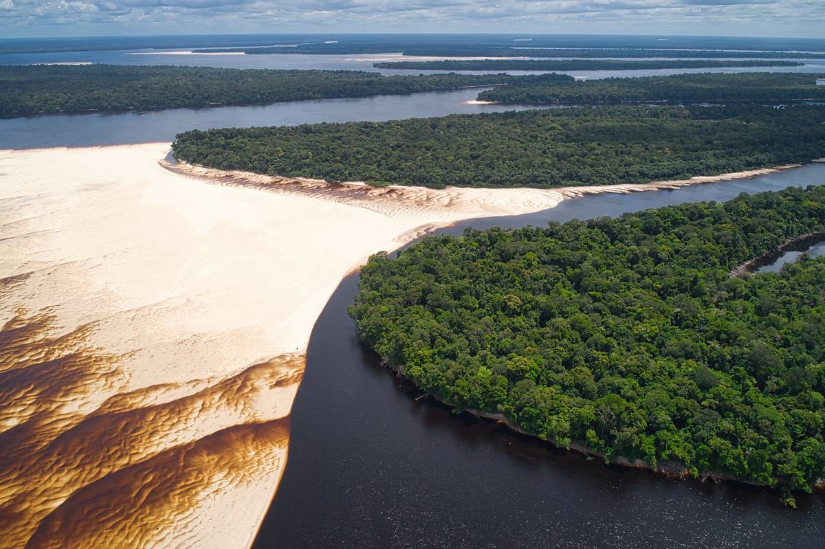 Aerial view of sandbanks and rainforest in Barcelos, Brazil.