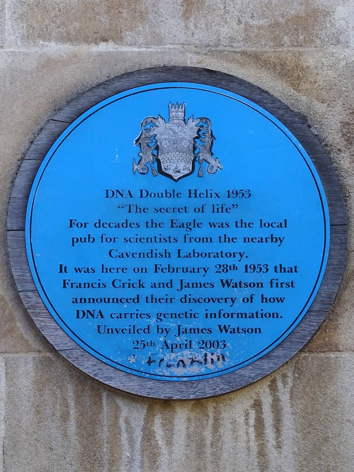 DNA Double Helix 1953 'The secret of life' plaque Cambridge