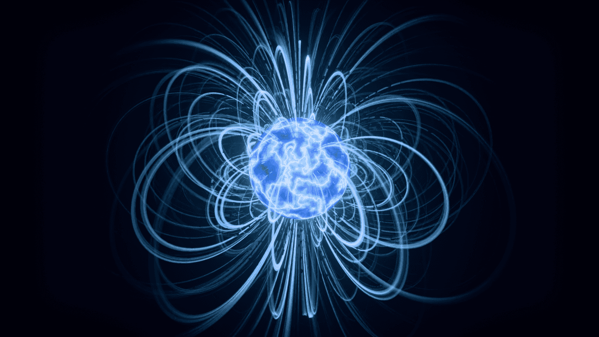 Abstract visualization of blue magnetic field lines surrounding a glowing sphere.