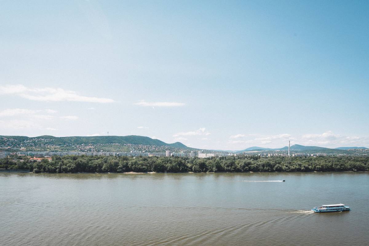 A serene view of the Danube River with a distant panorama of Budapest, Hungary.