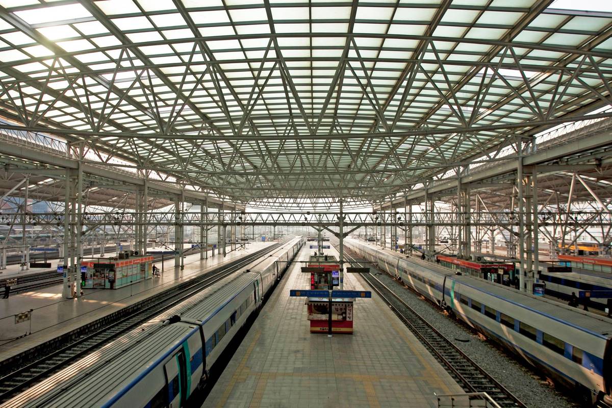 Railway station with multiple platforms and trains