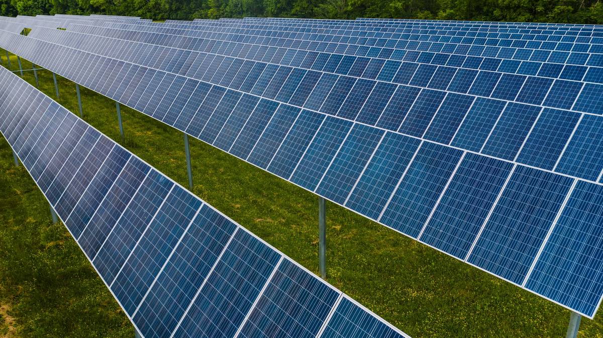 Photovoltaic panels pole mounted in rows on grassy ground at a solar energy station