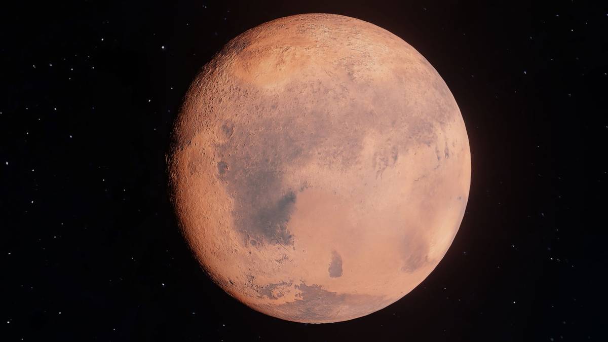 The planet Mars showing surface detail.