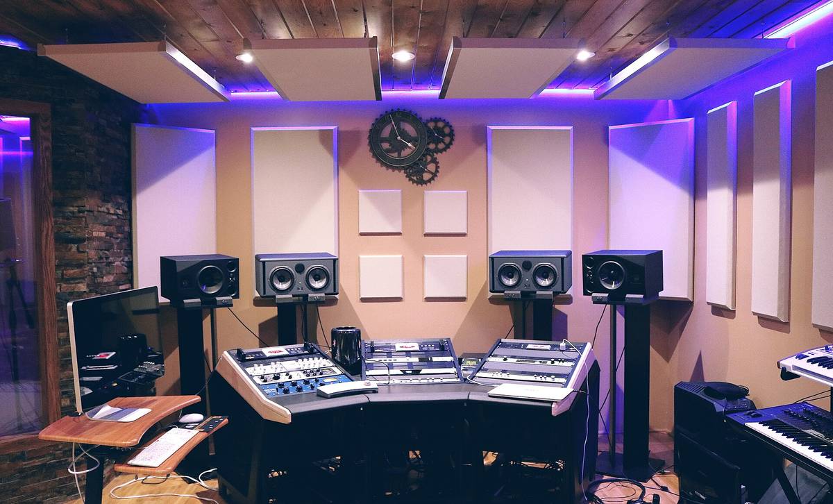 A recording studio mixing console